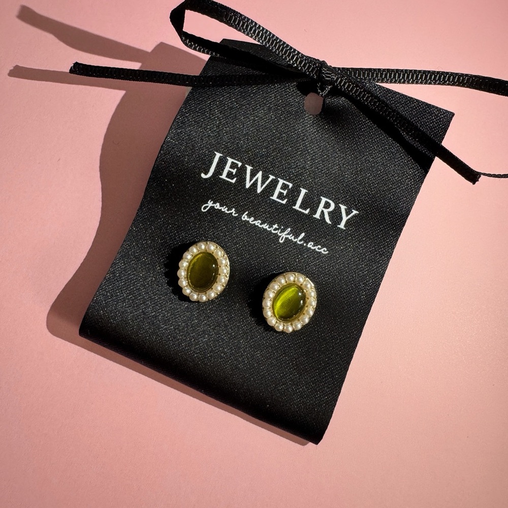 Green and Silver Oval Stud Earrings with Gemstone Accents